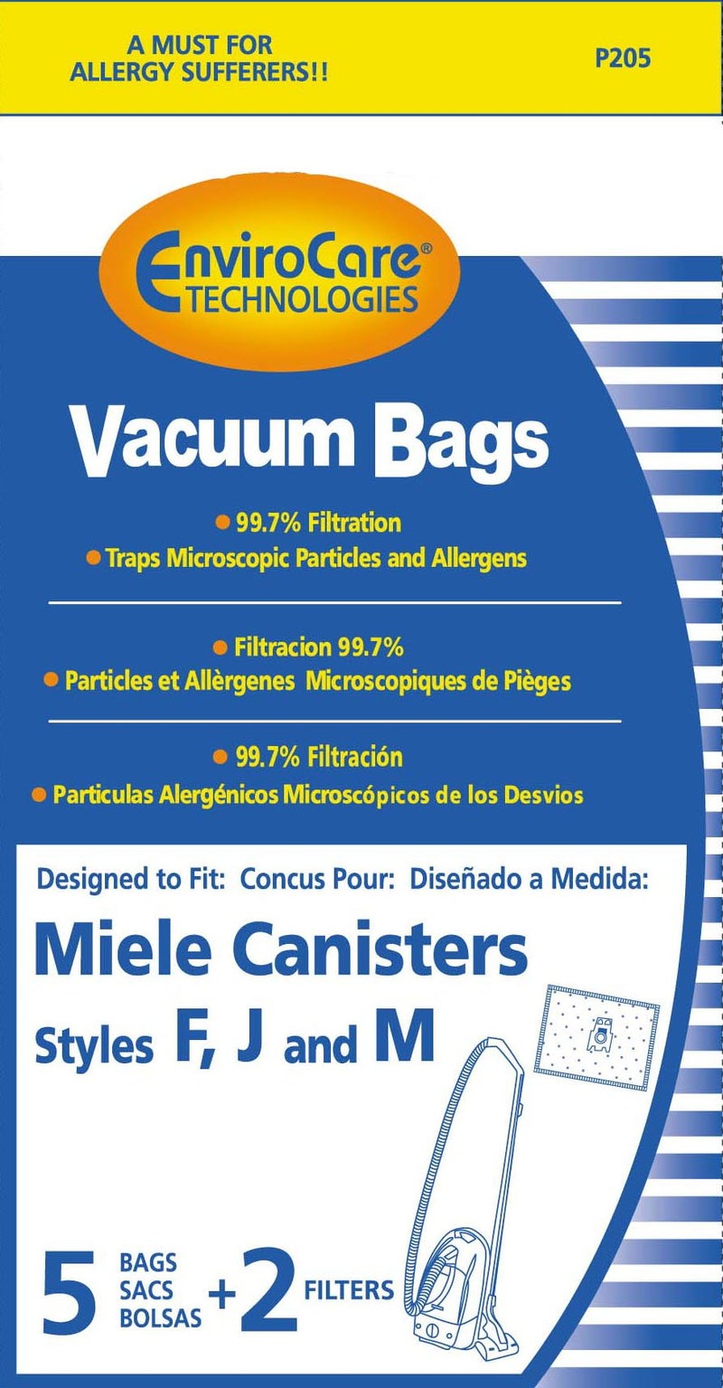 EnviroCare Replacement Anti-Allergen Vacuum Bags for Miele F,J,M Canisters 5 Pack with 2 Filters - Image 1